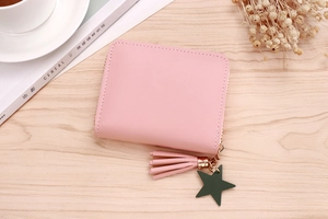 Pink lychee texture coin purse with gold zipper, fringe tassel and star charm detail
