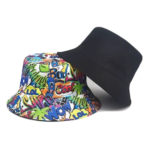 Graffiti print and classic black cotton bucket hats for outdoor sun protection