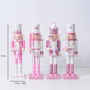 Pink wooden nutcracker soldier set of 4 with glitter detail and height dimensions