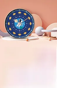 Close-up of dual silent educational wall clocks featuring astronaut and macaron designs