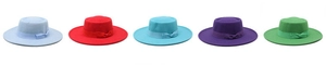 Flat top boater hats in five vibrant colors with matching grosgrain ribbon bows