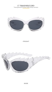 Front and side view of avant-garde wing-shaped sunglasses with clear frames and grey lenses