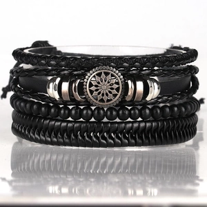 Men Braided Bracelet Cowhide Leather Alloy Metal Sun Charm Wood Beads Adjustable Cord Retro Punk Jewelry
