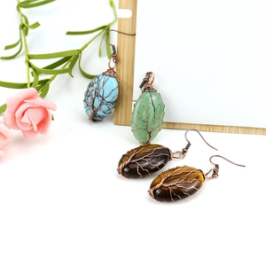 Handmade copper wire tree of life earrings with natural turquoise and green aventurine