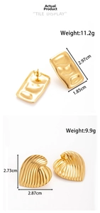 Macro display of golden bow heart and rectangle earrings with dimensions and weight