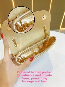 Detail view of champagne gold evening bag with pearl trim and magnetic closure interior