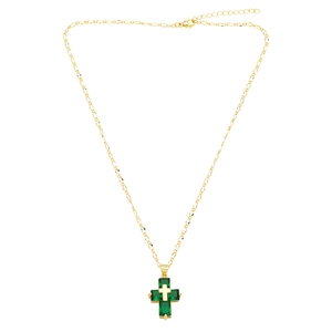 Detail view of a gold-plated double-layer cross necklace featuring square green gemstones