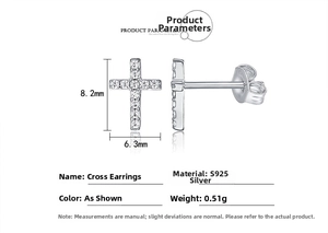 Detailed specifications of S925 silver cross stud earrings with clear size and weight labels