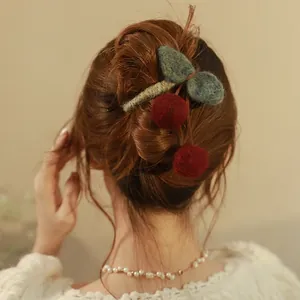 Elegant cherry-shaped yarn hair claw clip for women in traditional Chinese style