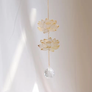 Golden lotus hanging suncatcher with transparent crystal ball prism window decoration