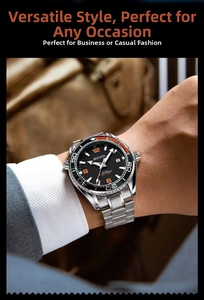 Detail view of men's dive watch featuring a 600m waterproof steel band on wrist