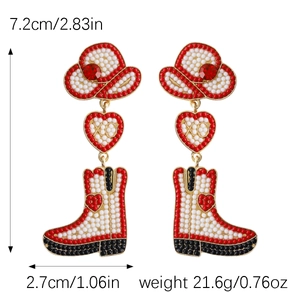 Beaded cowboy boot earrings with dimensions 7.2cm length and 21.6g weight on white background