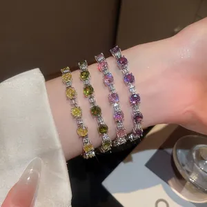 Elegant multi-color zircon round bracelets with silver geometric settings for women