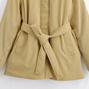 Women's stylish khaki cotton jacket with lapel collar and adjustable waist belt