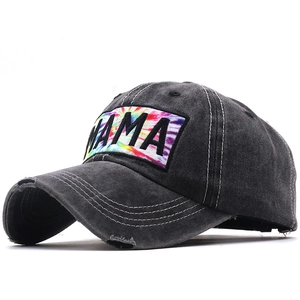 Distressed wash gray baseball cap with MAMA embroidery and vintage ripped detailing