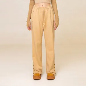 Women Cotton Wide Leg Sweatpants Straight Drawstring High Waist Metal Button Hem American Street Style Casual Pants