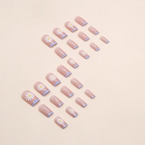 Sparkling long square press-on nails with blue French tips and white daisy flower patterns