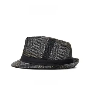 Side view of a vintage plaid fedora hat with black grosgrain ribbon for men