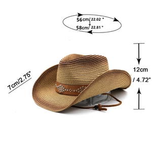 Detailed size chart for Western straw hat with studded leather band and dimensions