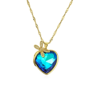 Gold-plated dragonfly heart necklace with blue crystal pendant and zircon details