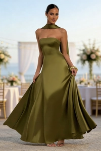 Detail of olive green satin tube long dress with matching scarf in an outdoor wedding setting