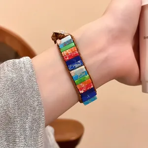 Bracelet en cuir tressé à la main avec pierres carrées colorées en marbre