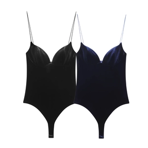 Women Velvet Bodysuit Spaghetti Straps V-Neck Slim Fit High Cut Sexy Sleeveless Top Velvet Fabric