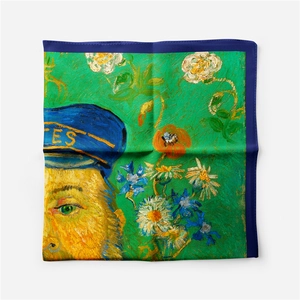 Detailed close-up of a green twill silk scarf featuring Van Gogh style artistic portrait print