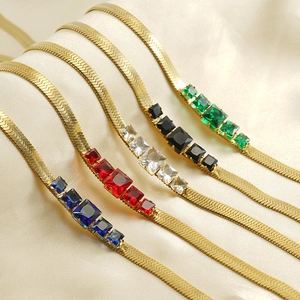 Five 18k gold-plated stainless steel herringbone necklaces with colorful zircon stones