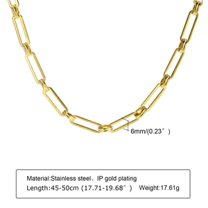 Detailed view of 6mm IP gold plated stainless steel paperclip chain with dimensions