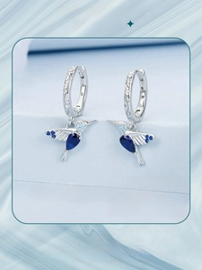 Detail of s925 silver hummingbird hoop earrings with blue opal and fine stone inlay