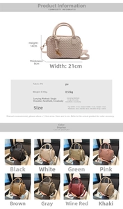 Size chart and specifications for woven Boston bag showing dimensions and PU fabric details