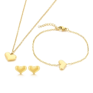 18K gold plated heart necklace, bracelet and earrings jewelry set in polished stainless steel