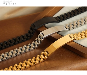 Detailed close-up of geometric watch-band chain bracelets in gold, silver, and black finish