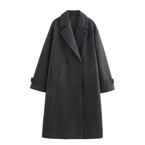 Detail of dark grey long wool coat showing double-breasted buttons and cuff strap detail