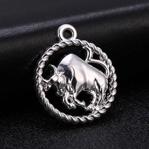 Macro view of vintage silver Taurus zodiac pendant with a twisted rope circular frame