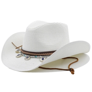 Chapeau de cowboy en paille blanche avec perles turquoise et cordon de serrage
