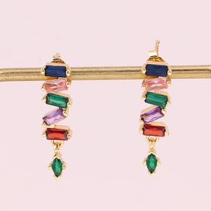 Colorful rectangular zircon earrings with a green marquise drop in gold finish