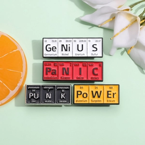 Creative chemistry periodic table pins in Genius, Panic, Punk, and Power colorful designs