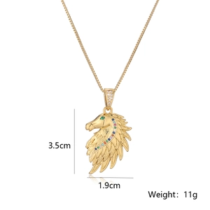 Gold-plated horse head pendant necklace with colorful zircons on white background