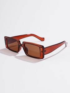 Detailed side view of vintage rectangle sunglasses in amber frame with brown lenses