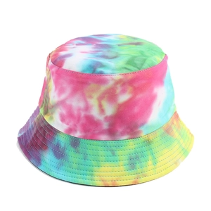 Colorful tie-dye bucket hat for women with vibrant sun protection graffiti pattern