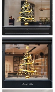 Golden ribbon Christmas tree window sticker with Merry Christmas text and snowflakes