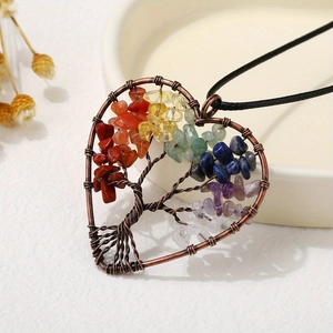 Handmade copper wire wrapped heart tree of life pendant with colorful natural stones