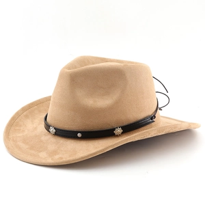 Khaki suede western cowboy hat with studded leather band and sun totem metallic accents