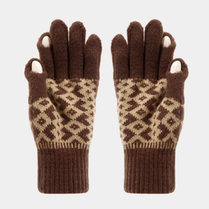 Detail of brown knit gloves with diamond patterns and touchscreen-friendly finger slits