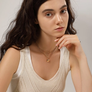 Double Layered Heart Necklace Stainless Steel 18K Gold Plated 3D Pendant Paperclip Chain Minimalist Jewelry For Women