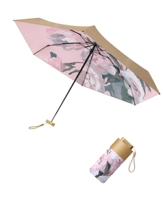 Compact gold capsule umbrella featuring a pink floral oil painting interior lining