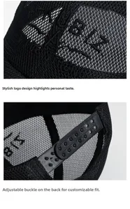 Detail of adjustable snapback closure on black breathable mesh baseball cap for custom fit
