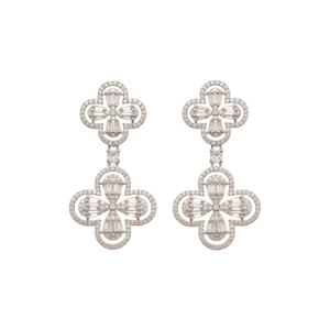 Silver-tone floral drop earrings with hollow clover shapes and sparkling cubic zirconia